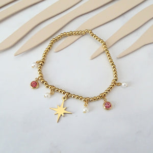 Pulsera Acero Inoxidable Bolitas con Rosa Perlas y Estrella