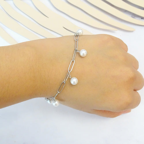 Pulsera Acero Inoxidable Eslabon Perlas Cristal