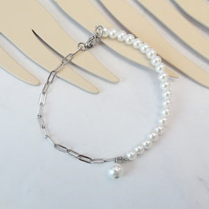 Pulsera Acero Inoxidable Eslabon y Perlas Cristal